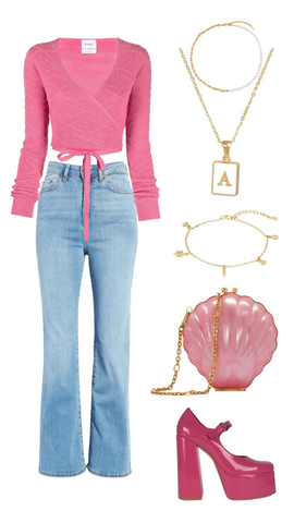 Balletcore inspired outfit with light wash jeans and pink wrap sweater.