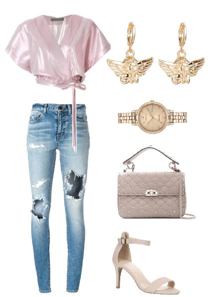Ripped jeans and pink crop top outfit.