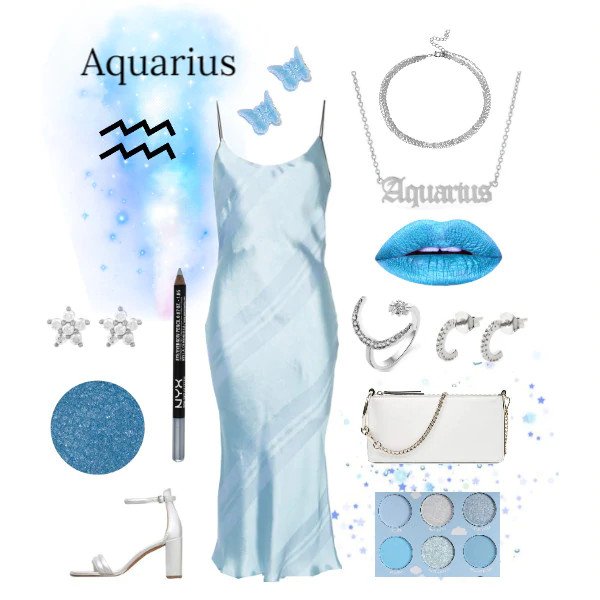 Aquarius outfi: blue silk slip dress and silver jewelry.