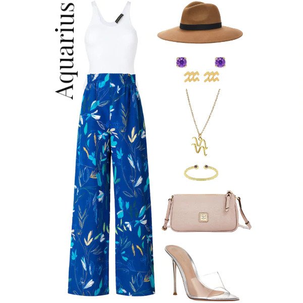 Aquarius vacation outfit, blue floral pants, wide-brim hat.