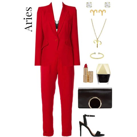 Aries red power suit, Zodiac necklace.