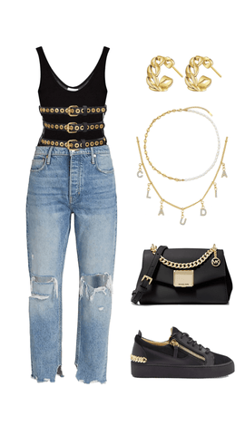 Edgy outfit with ripped jeans and tank top.