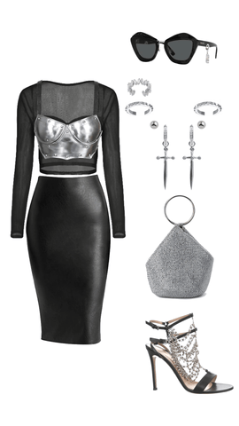Black party outfit with metal brest plate.