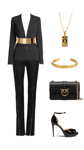 Black pantsuit office outfit with gold belt.