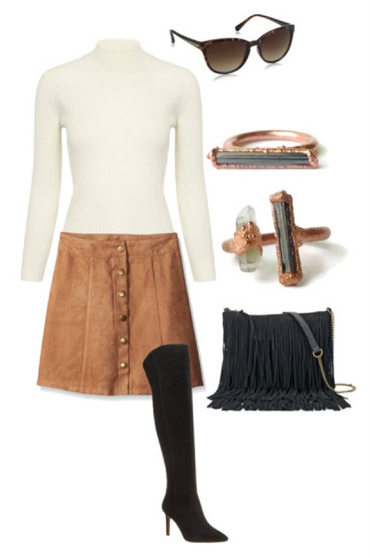 Beige turtleneck suede skirt knee high boots.