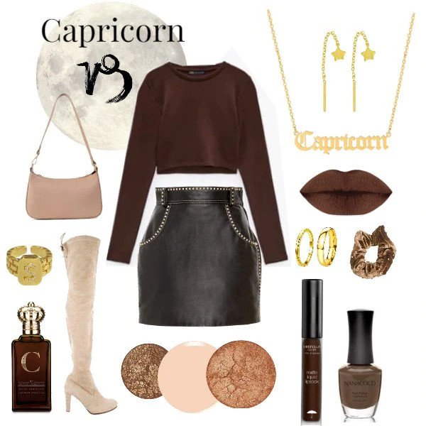 Capricorn outfit: brown leather skirt and sweater.