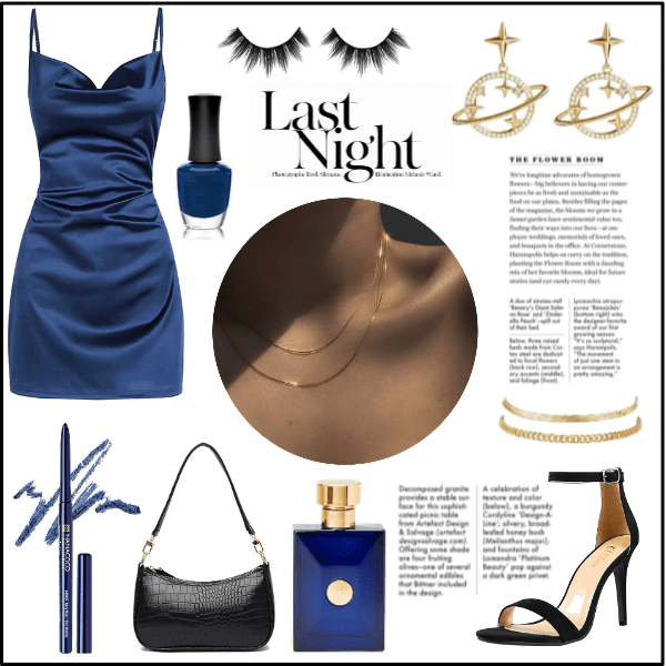 Navy silk dress, celestial gold jewelry.