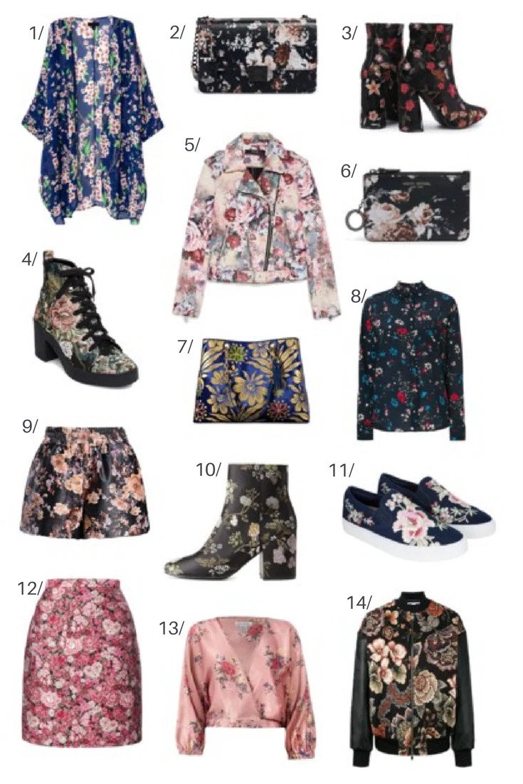 Collage of floral womens clothing.