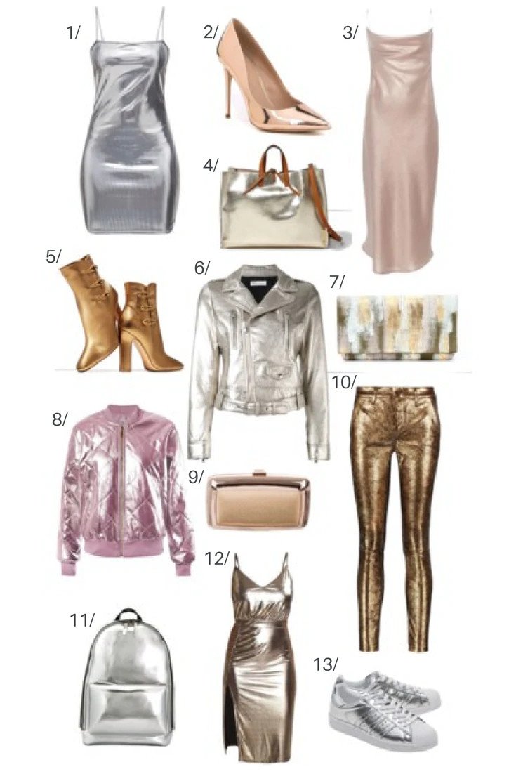 Collage of metallic womens clothing.