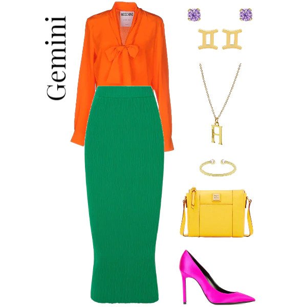 Gemini outfit, green pencil skirt, orange blouse.