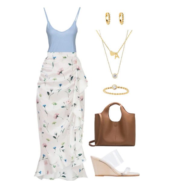 Floral Wrap Skirt & Sky Blue Tank Outfit.