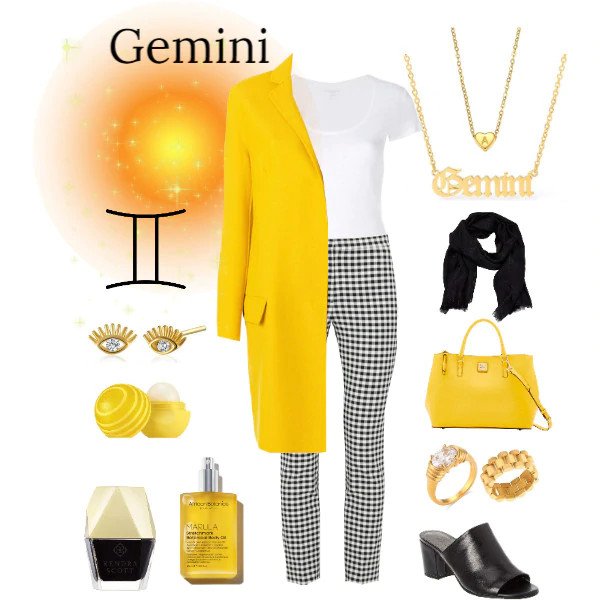 Gemini outfit: houdstooth pants and yellow trench coat.