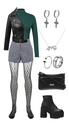 Casual grunge outfit, fishnets with shorts and biker jacket.