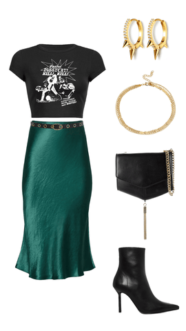 Grunge party outfit, green slip skirt and old band tee.