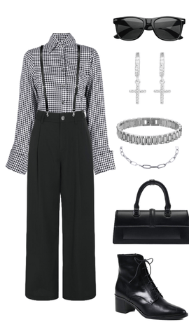 Alternative office outfit, houndstooth top, black suspenders.