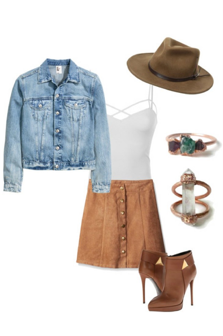 Jean jacket and suede skirt outfit.