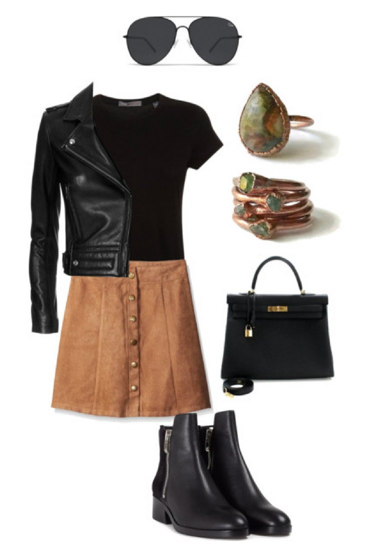 Leather jacket and suede skirt outfit.