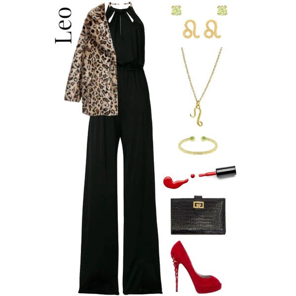 Leo outfit, black jumpsuit, leopard faux fur coat.