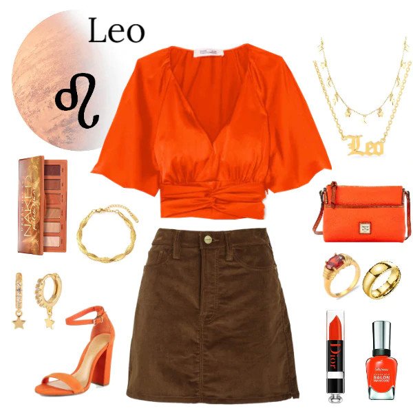 Leo outfit: brown mini skirt, orange blouse and gold necklaces.