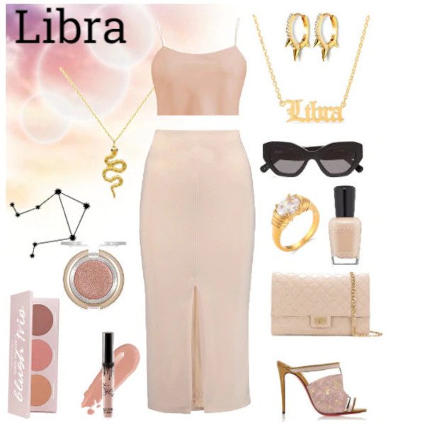 Libra outfit: light pink pencil skirt and gold Zodiac necklace.