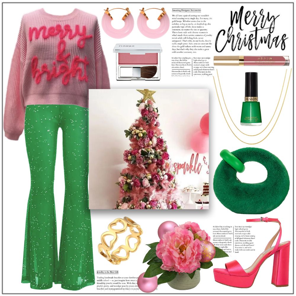 Festive pink and green holiday outfit