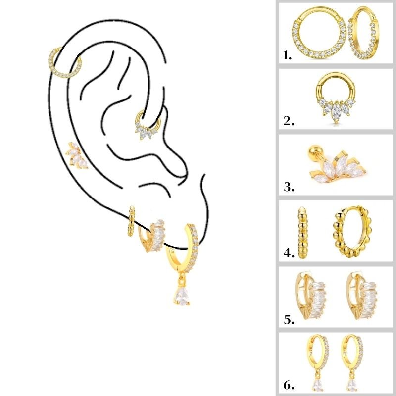 Multiple ear piercing chart with six piercings.