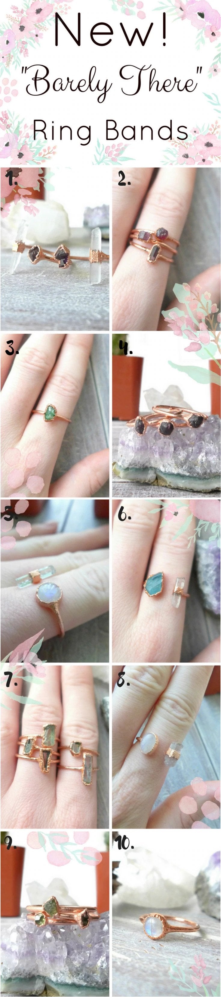 Photo collage of copper gemstone rings.