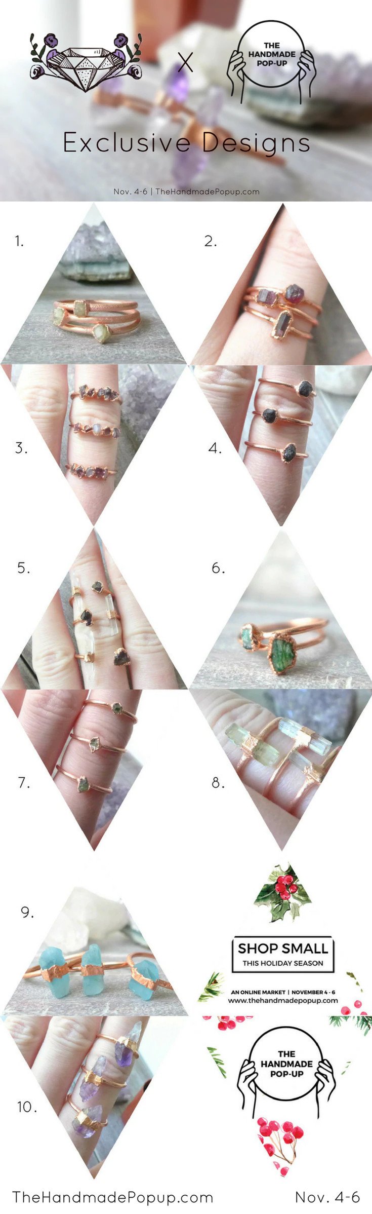 Photo collage of new exclusive copper gemstone rings.