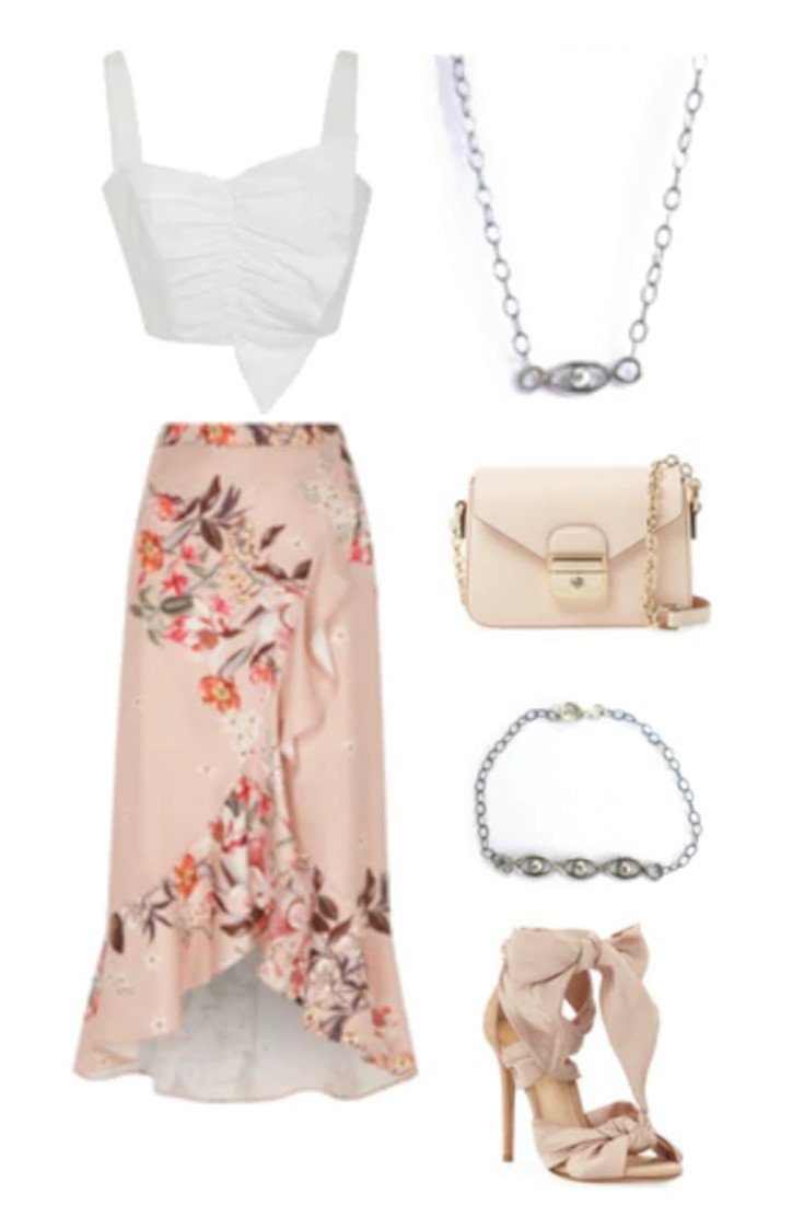 Pink floral midi skirt crop top V-Day outfit.