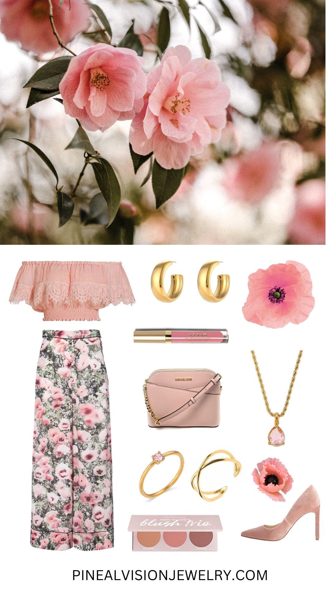 Pink floral outfit.