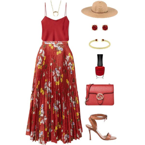 Red Floral Midi Skirt Outfit.
