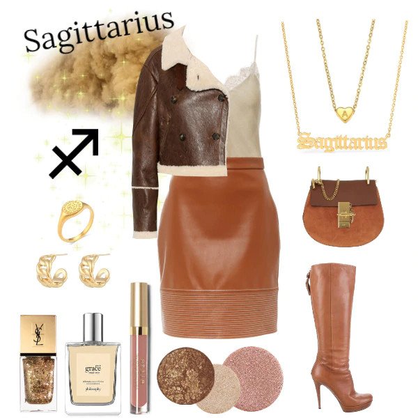 Sagittarius outfit: leather skirt, jacket and gold Zodiac jewelry.