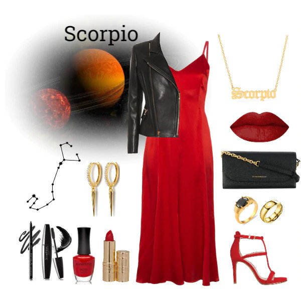 Scorpio outfit: red dress and leather jacket.