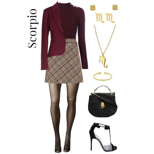 Scorpio outfit, plaid mini skirt, maroon turtleneck and blazer.
