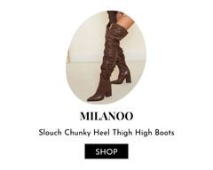 Brown Slouch Chunky Heel Thigh High Boots.