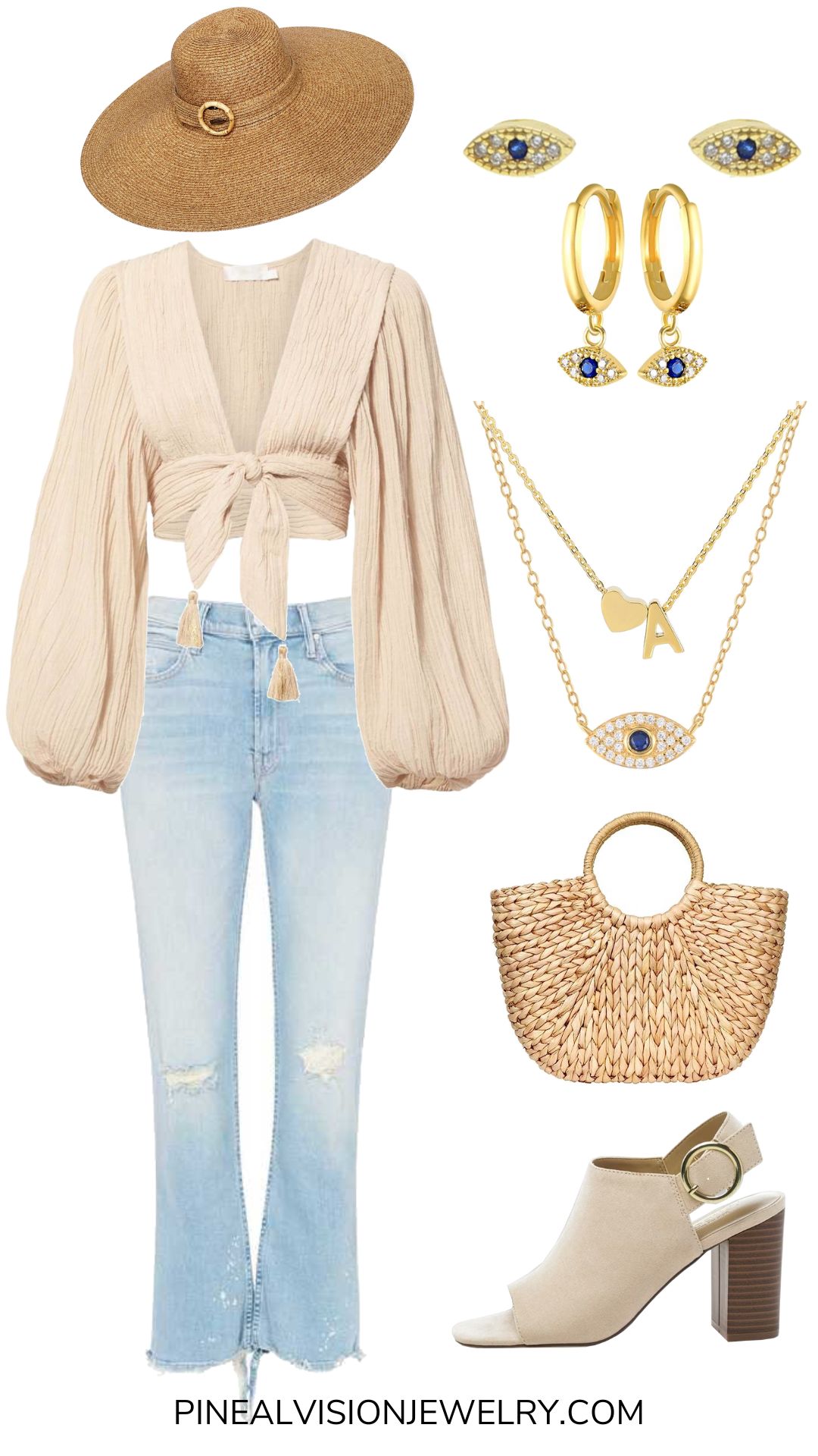 Casual Summer Outfit, jeans, tie top, and evil eye jewelry.