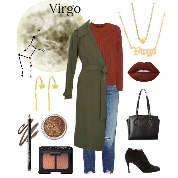 Virgo outfit: jeans, olive green trench coat and gold jewelry.
