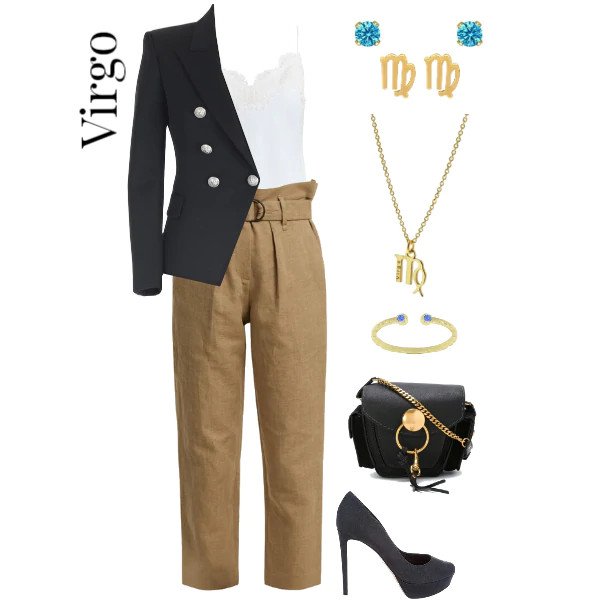 Virgo outfit, khaki paperbag pants, navy blazer.