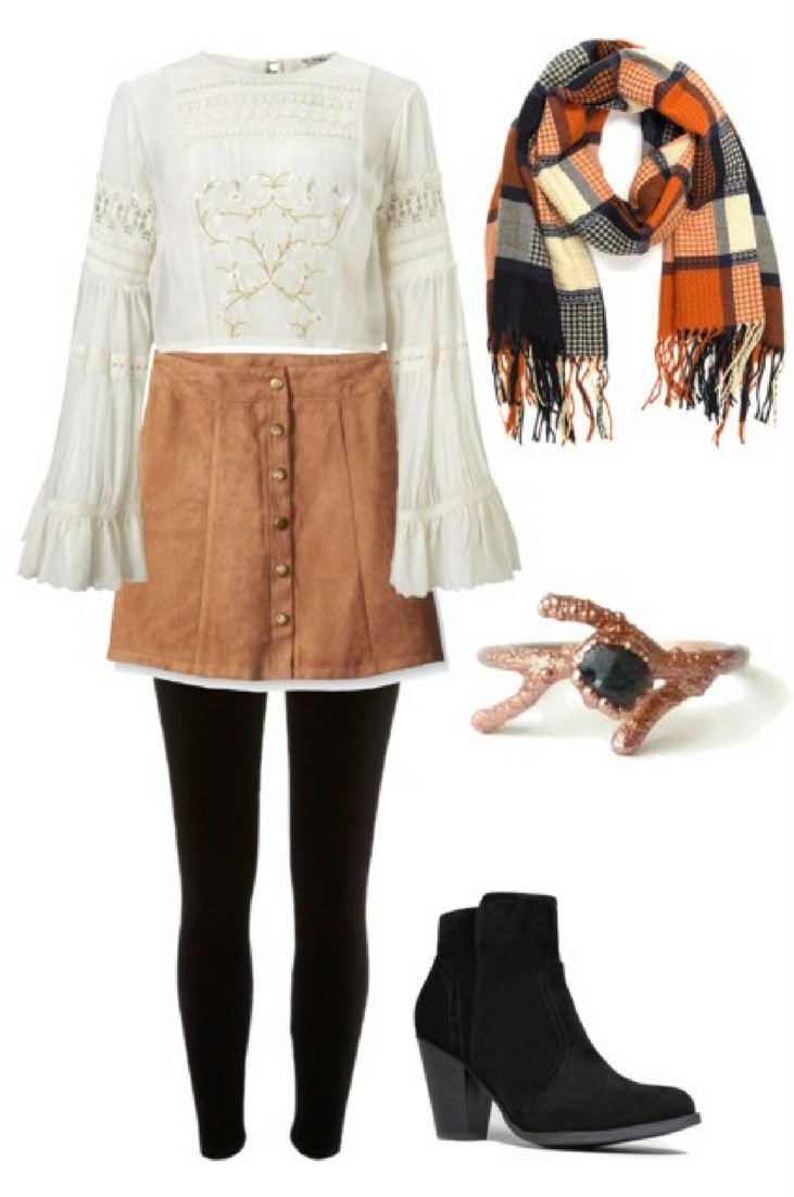 White blouse and suede skirt fall outfit.