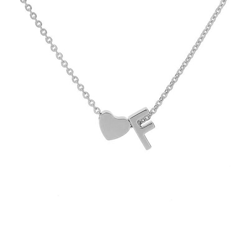 Silver Heart Initial Necklace, letter F.
