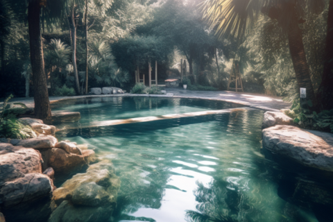 A tranquil image of a calm swimming pool surrounded by nature
