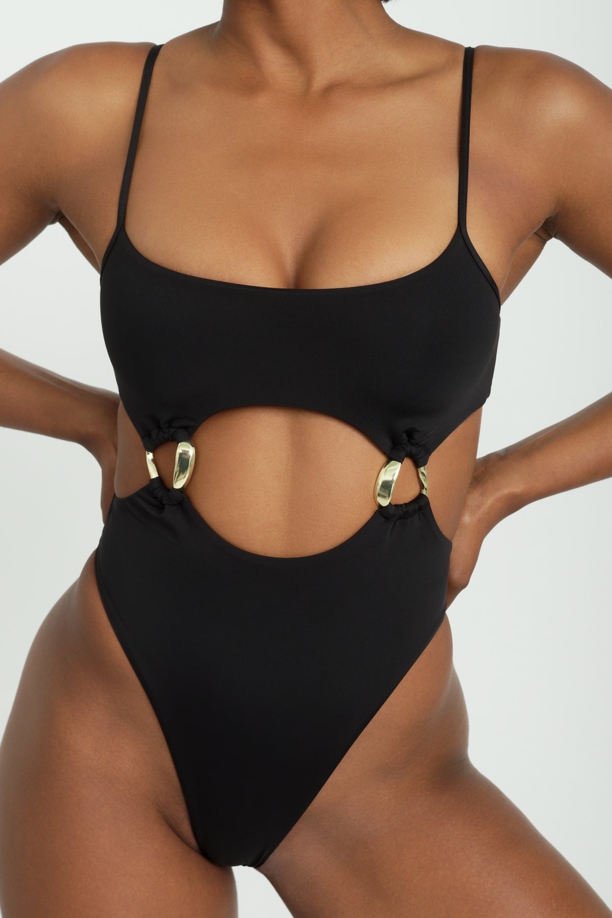 Black Textured Belly Cutout Brazilian One-Piece Swimsuit Dots-Black Ivy  Strap - Brand Rio de Sol