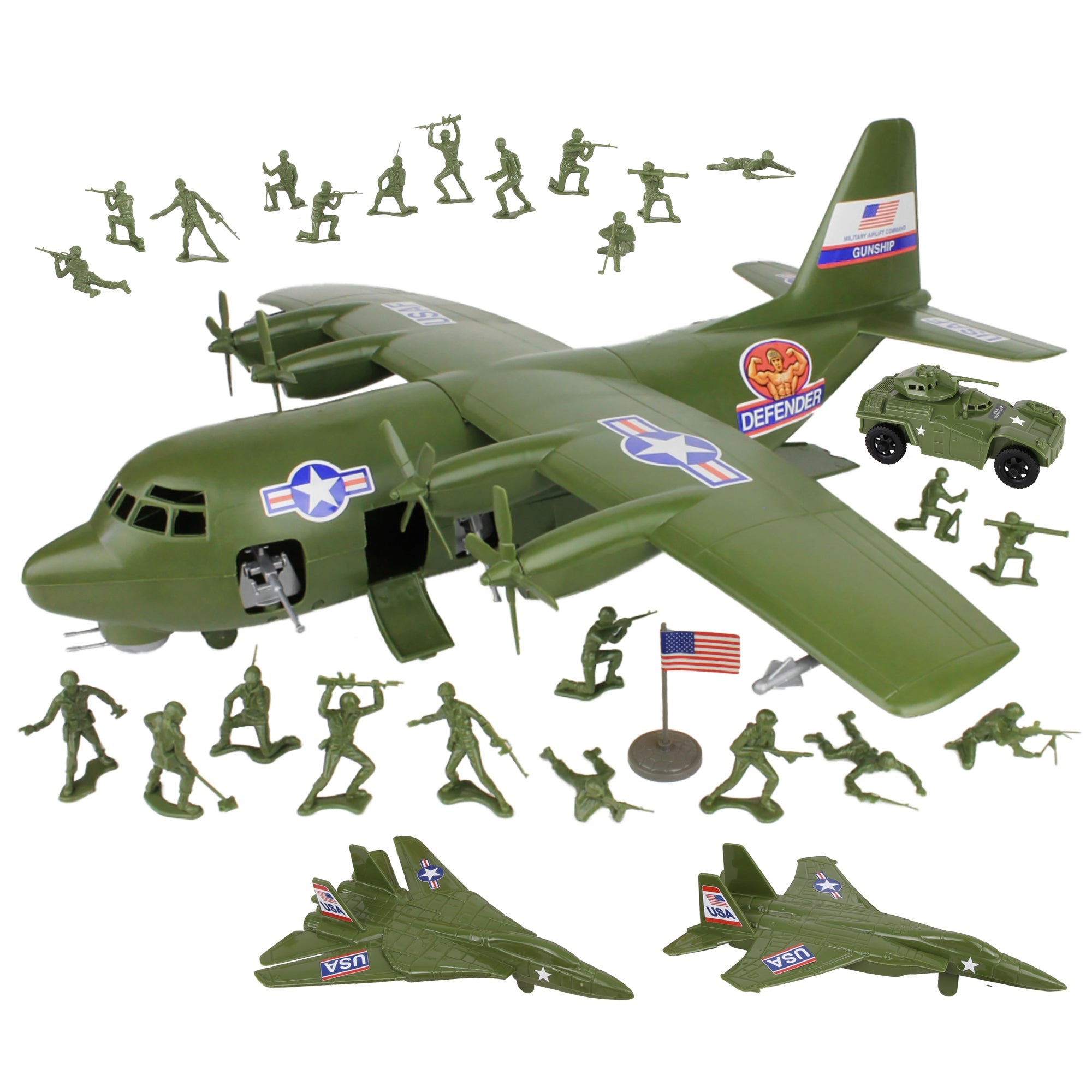 TimMee Plastic Army Men C130 Playset - 29pc OD Green Giant Military Airplane USA