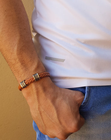 Man wearing leather bracelet
