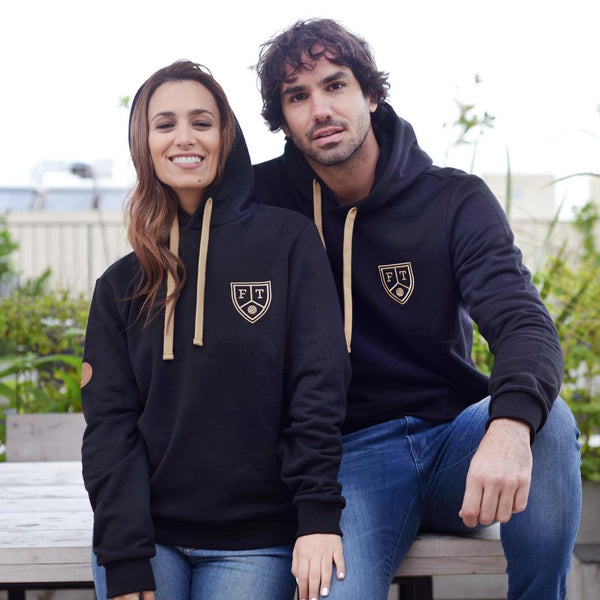 Football Town Man and Woman Models, wearing black Hooded Soccer Sweatshirts