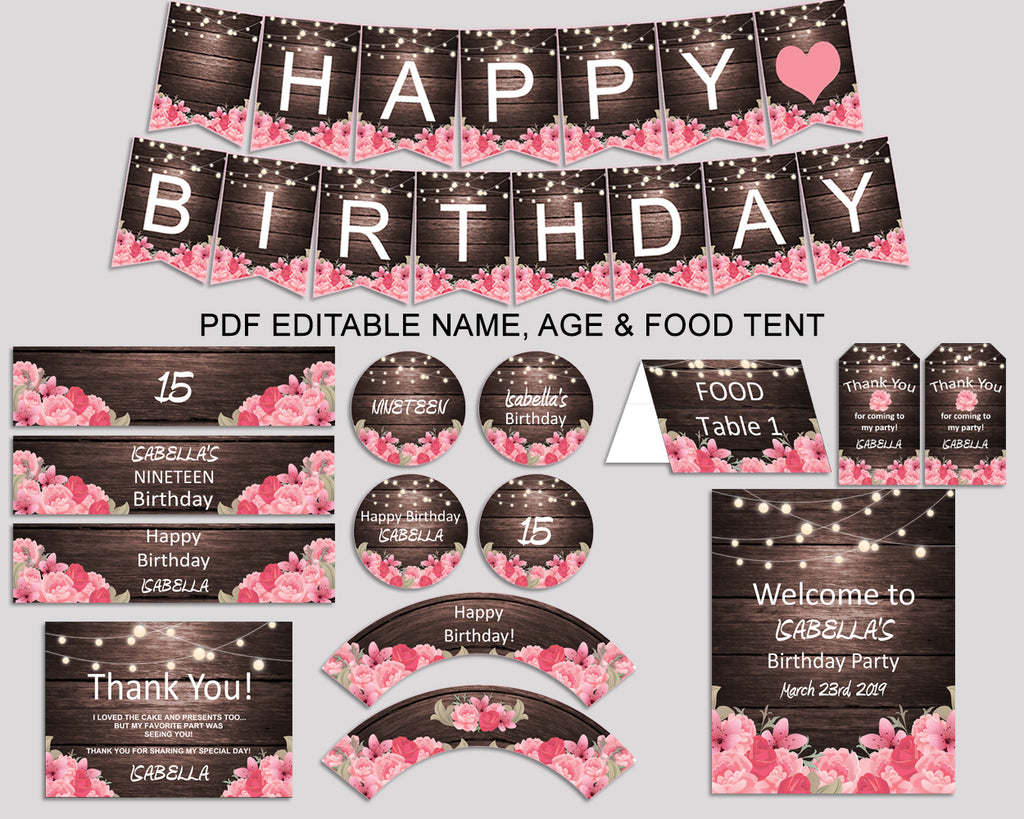 Birthday Rustic Party Decor Rustic Editable Package Pink Brown Birthda Studio 118