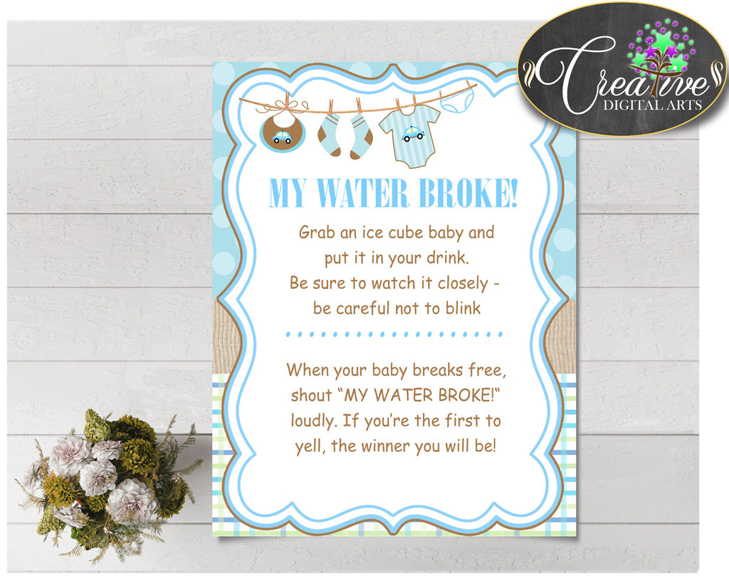 My Water Broke Baby Shower Game With Boy Clothes And Blue Color Theme Studio 118