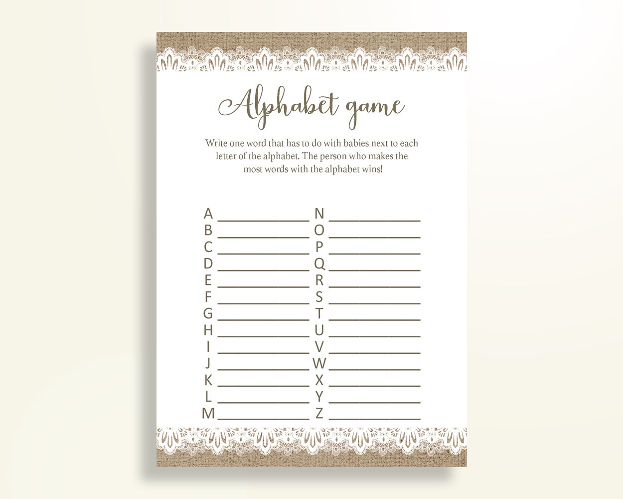 Alphabet Game Baby Shower Abc Game Burlap Lace Baby Shower Alphabet Game Baby Shower Burlap Lace Abc Game Brown White paper supplies W1A9S - Digital Product