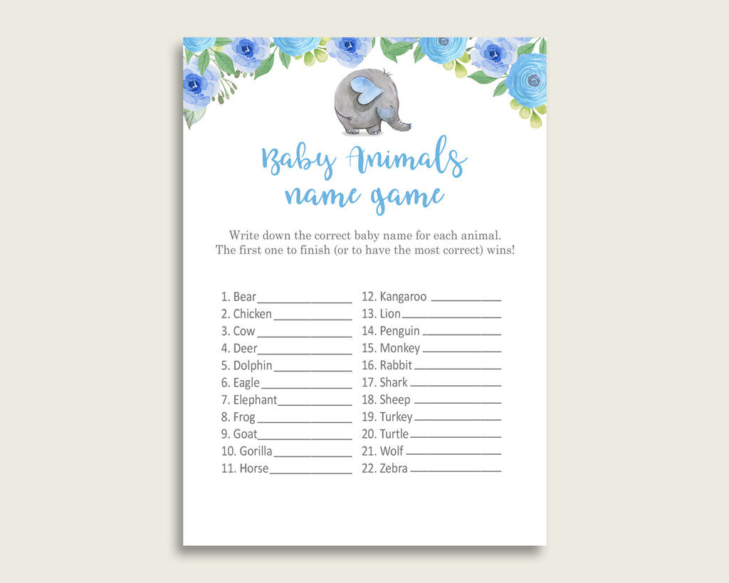 Elephant Blue Name The Baby Animals Game Printable Blue Gray Baby Sho Studio 118