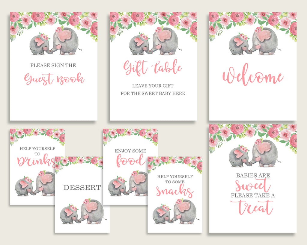 Pink Elephant Baby Shower Girl Table Signs Printable Pink Grey